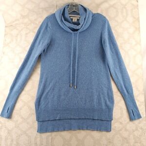 Max Studio 2-Ply Cashmere Sweater Womens Small Blue Mock Neck Thumb Hole